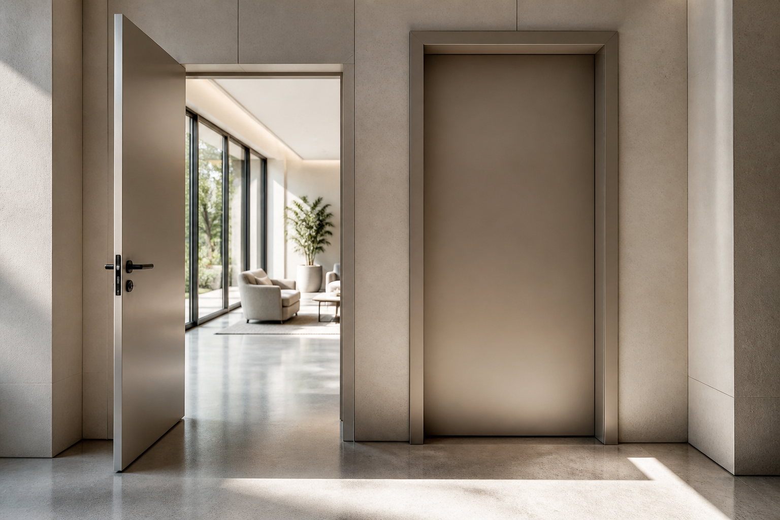 An open door to a bright room beside a sealed blank doorway in a minimalist interior
