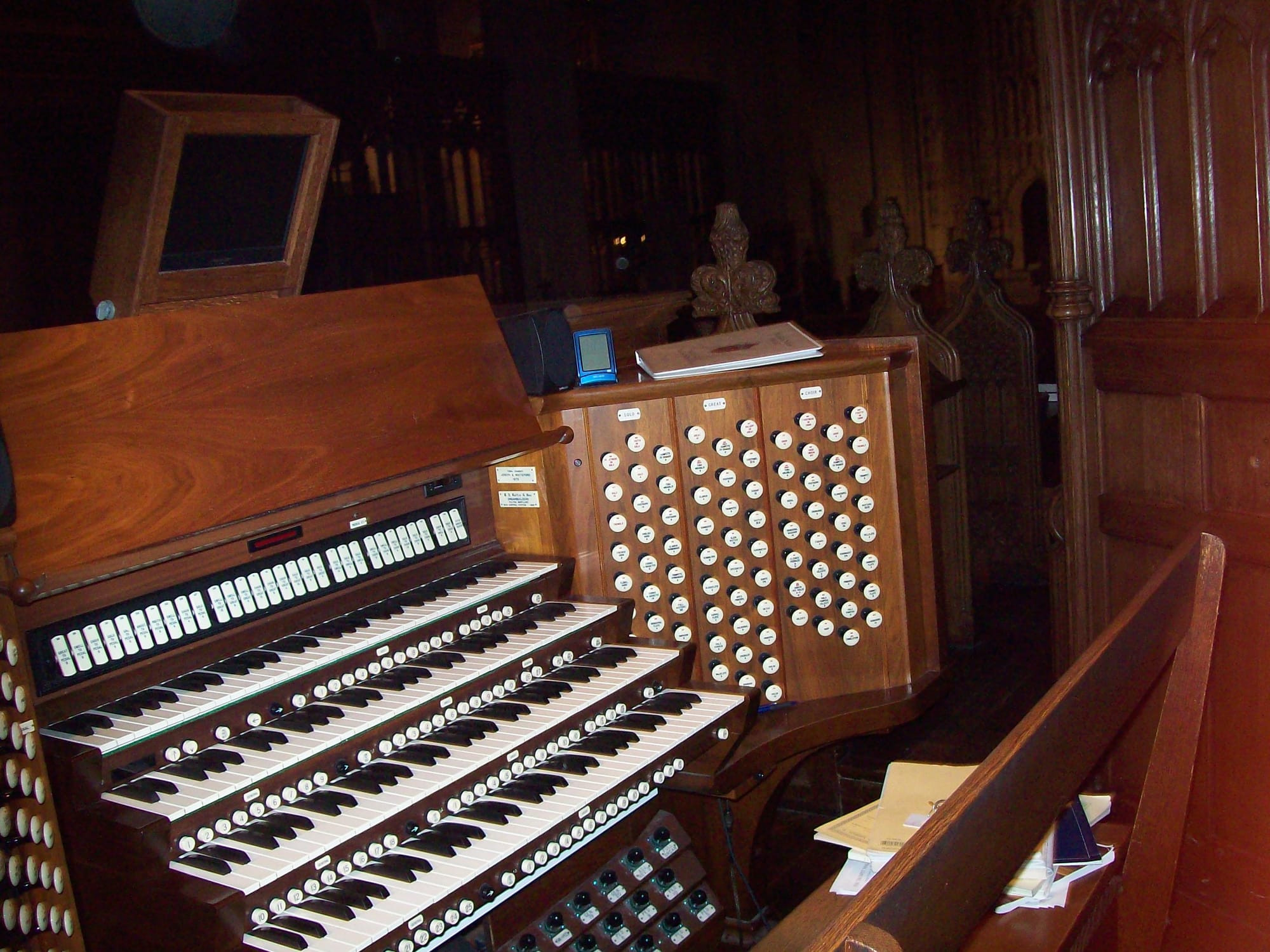 The Great Organ console at Washington National Cathedral with four manuals
