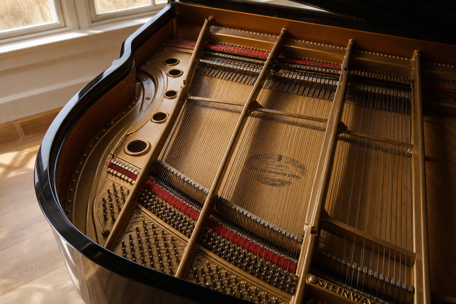 Interior of a Steinway grand piano showing strings, cast-iron frame and soundboard under warm natural window light