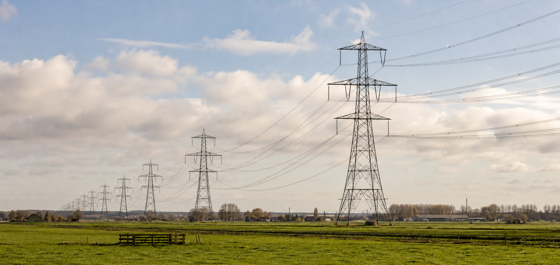 High-voltage electricity pylons in a row across flat green fields under a partly cloudy sky.