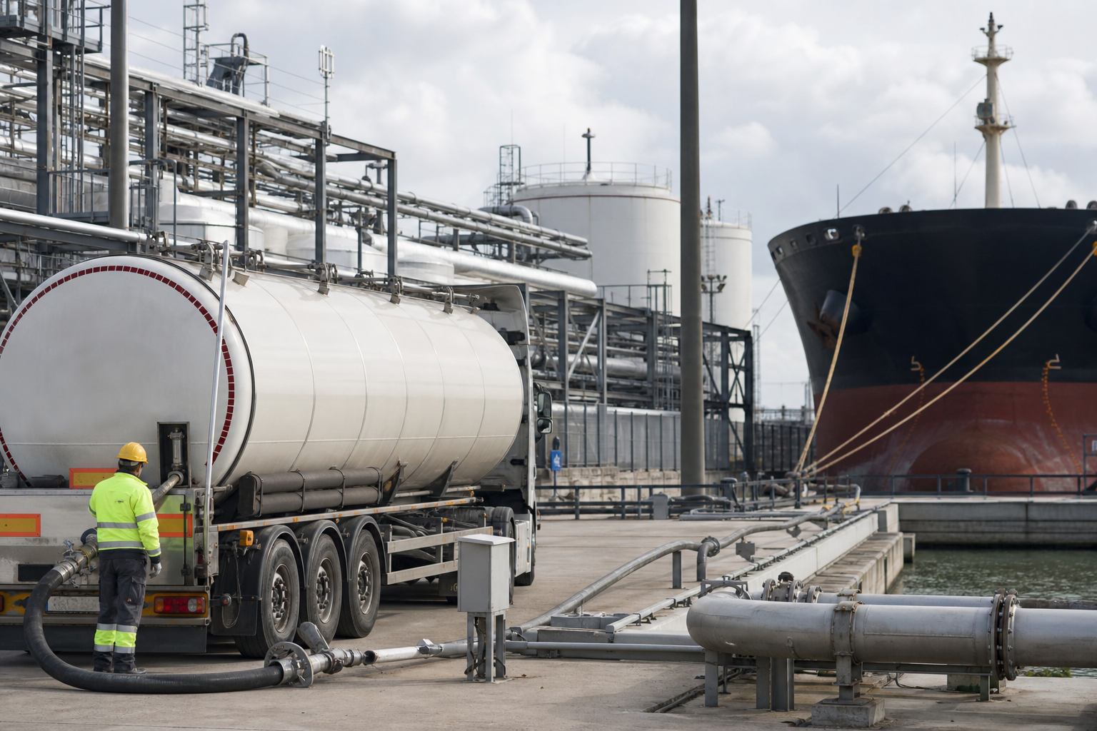Tankwagen aan een kade met pijpleidingen, opslagtanks en een groot zeeschip in een havenachtige industrieomgeving.