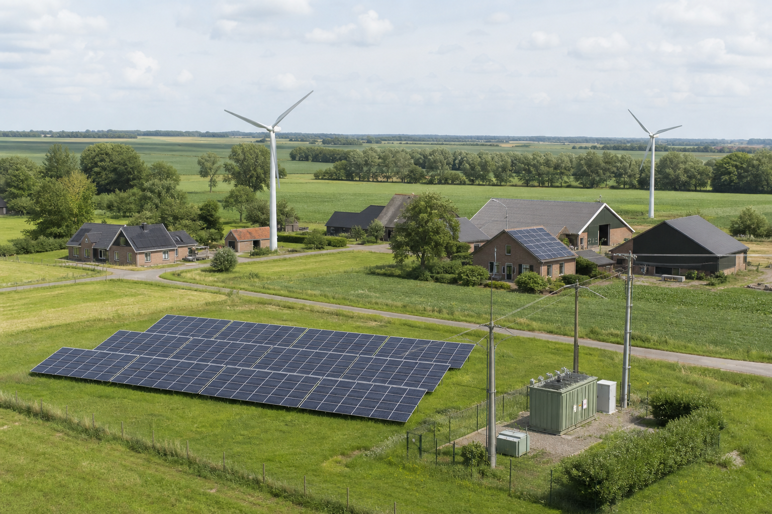 Landelijk gebied met zonnepanelen, kleine windturbines, boerderijen, woningen en een transformatorstation
