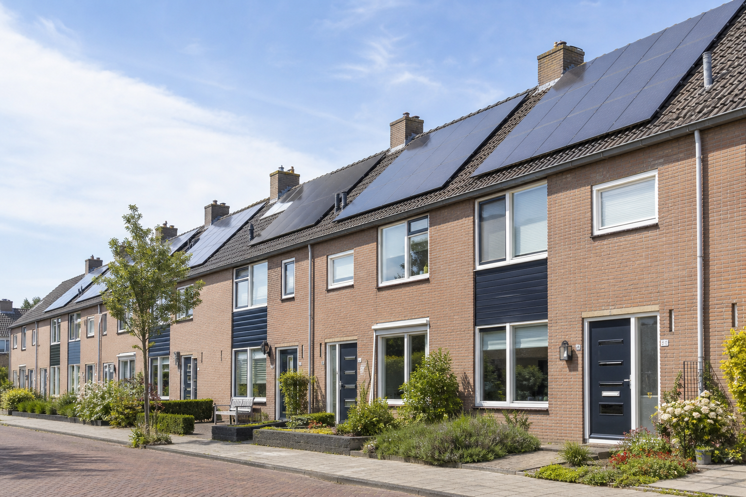 Rijtjeshuizen met zonnepanelen op de daken