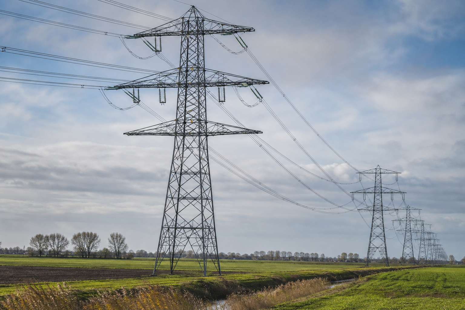 Stalen hoogspanningsmast met meerdere isolatoren en geleiders in een open Europees landschap bij helder daglicht