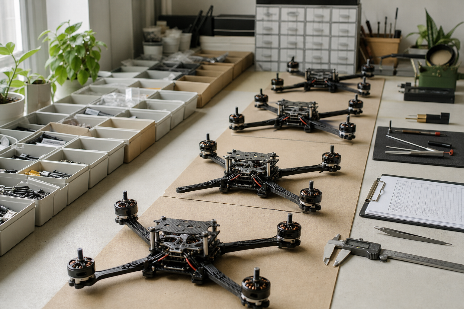 Rows of small FPV drone frames and component trays laid out on a workshop table