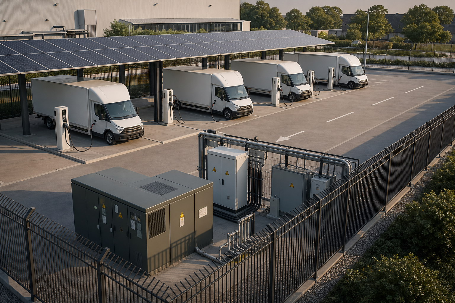 Luchtfoto van een gesloten industrieel terrein met zonne-installatie op de daken en duidelijke systeemgrenzen