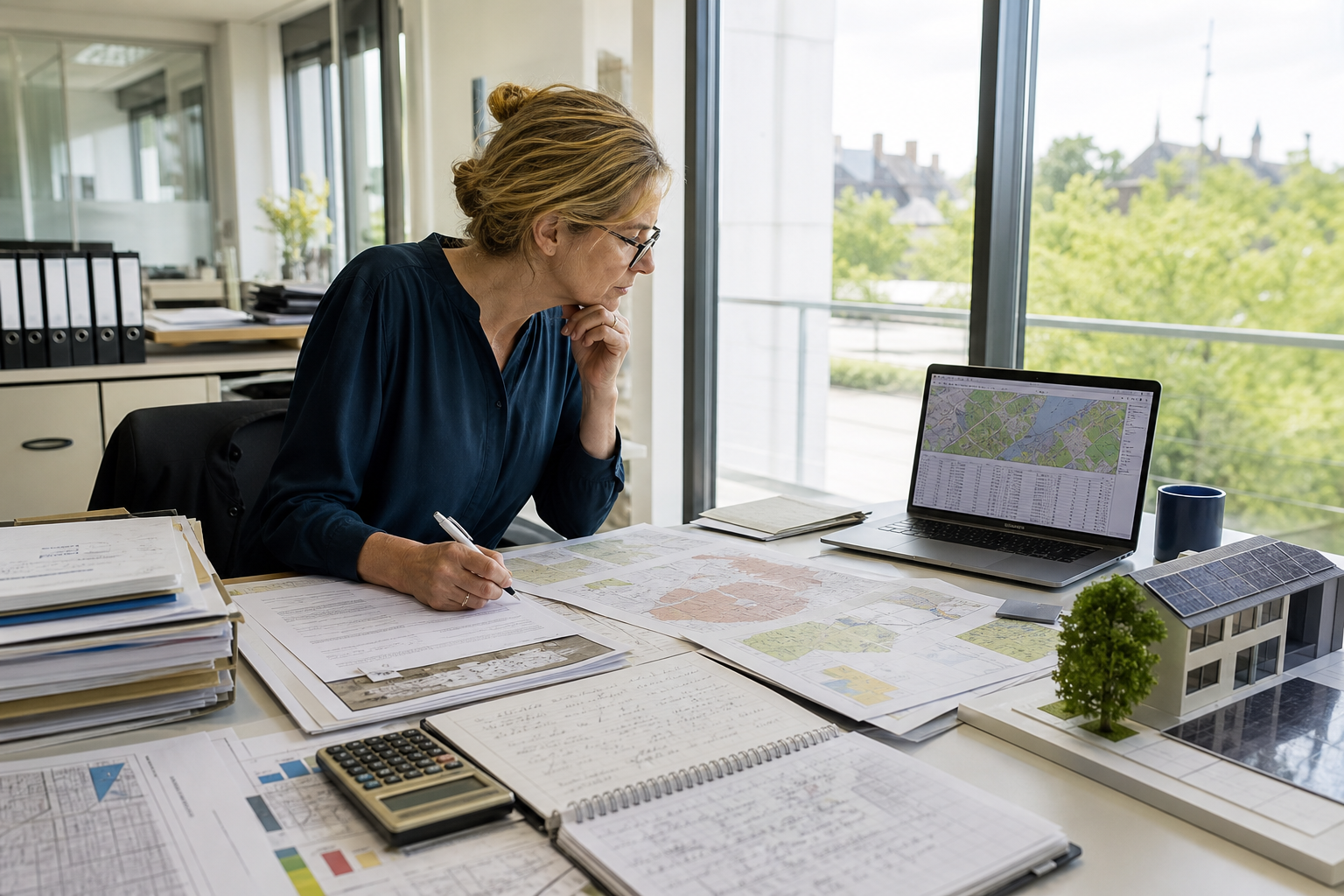 Onderzoekssituatie met kaarten, laptop en schaalmodel van een woning met zonnepanelen als beeld voor regionale subsidiestromen en gebouwverduurzaming.