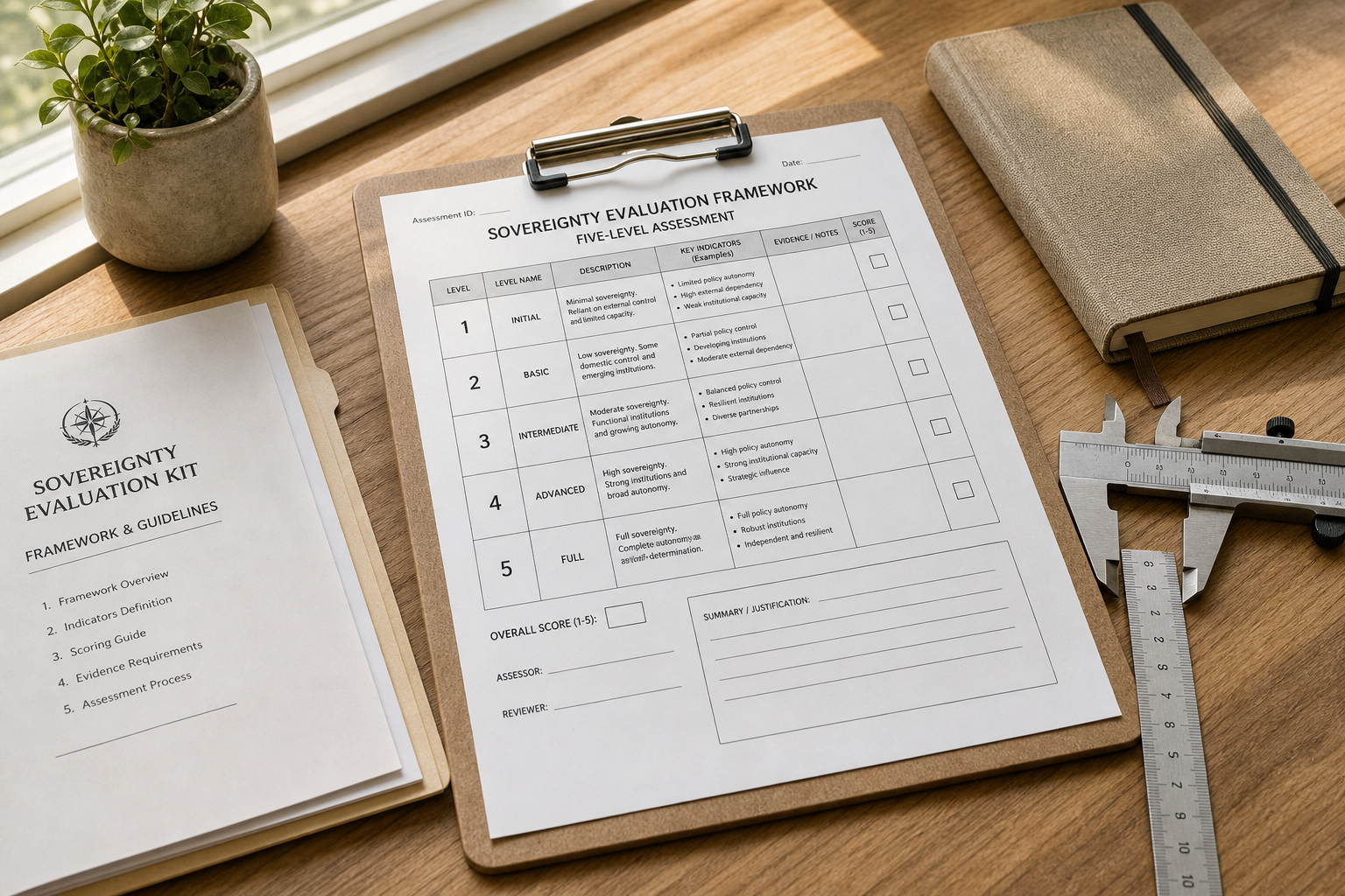 A clipboard with a Sovereignty Evaluation Framework five-level assessment form on a wooden desk, beside a framework guidelines document and measuring tools.