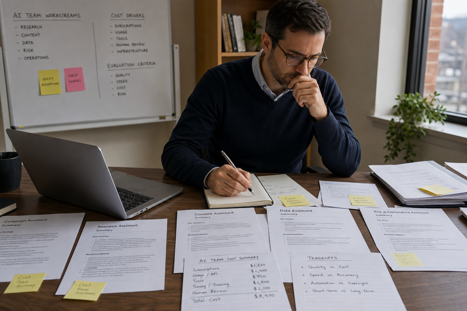 Person at a desk comparing cost notes, checklists, and summaries while reviewing several parallel task outputs