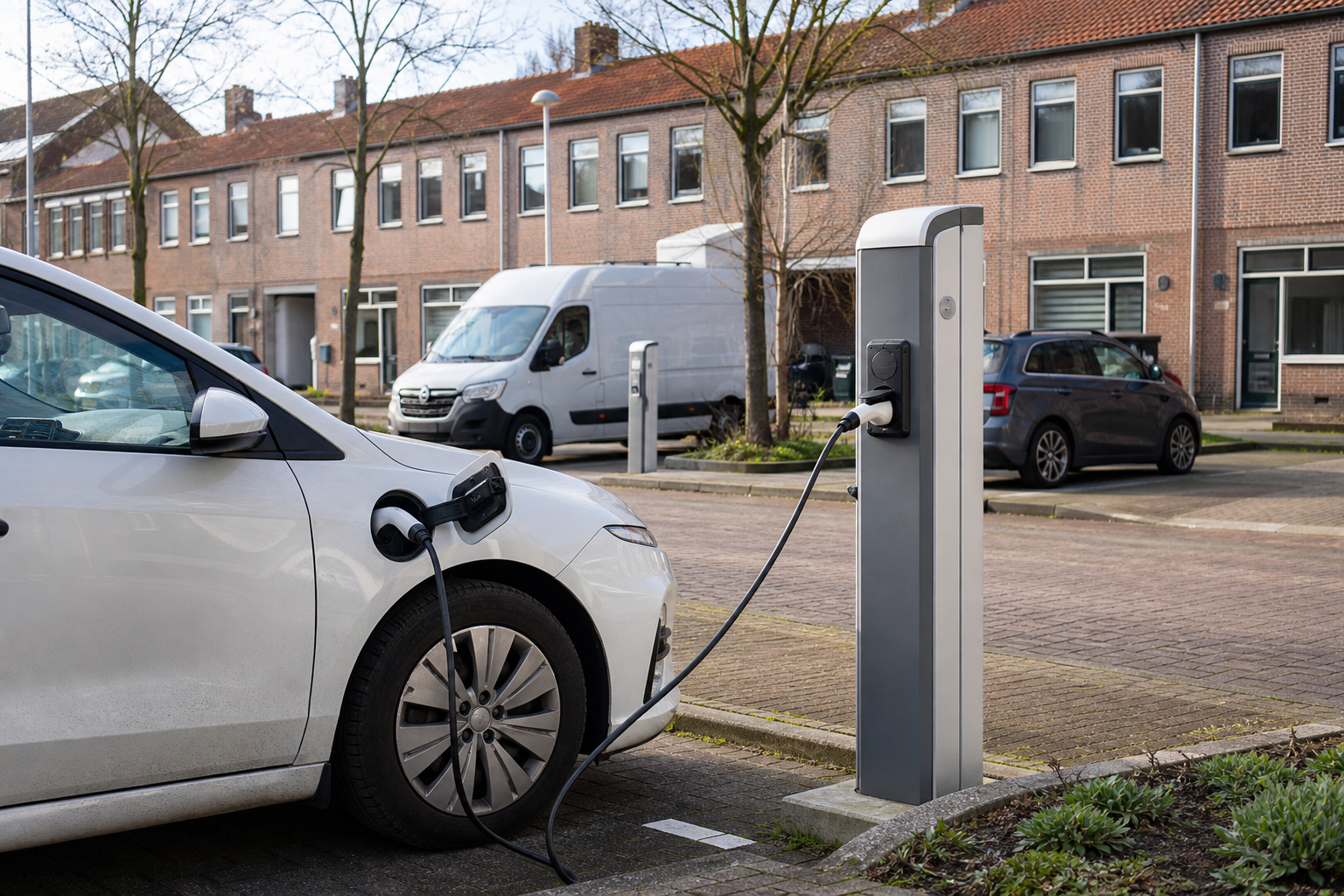 Elektrische auto aan een laadpaal in een Nederlandse woonstraat, met bestelbus en geparkeerde auto's op de achtergrond.