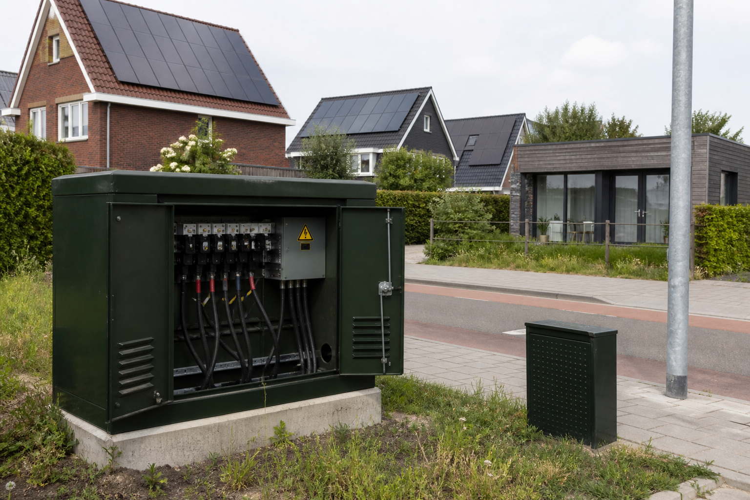 Open verdeelkast naast een woonstraat met zonnepanelen op woningen op de achtergrond