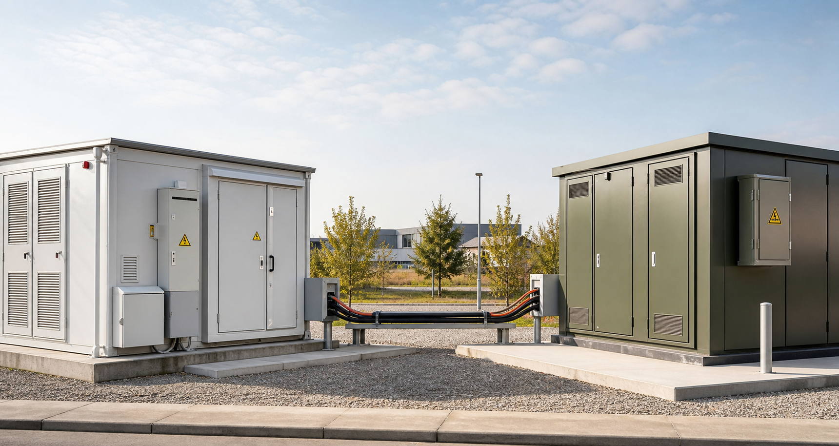 Schematische weergave van twee DC-eilanden die via een gecontroleerde interface energie uitwisselen