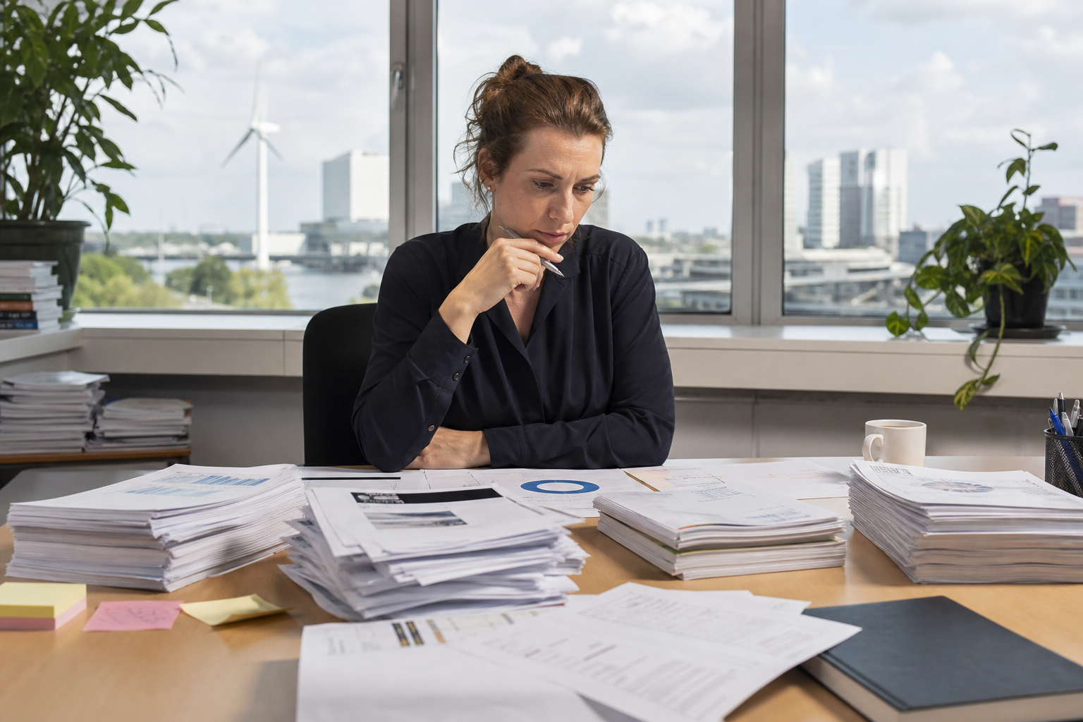 Analytische kantoorscene met stapels dossiers en grafieken als beeld voor versnipperde verantwoordingssporen en lastige effectkoppeling.