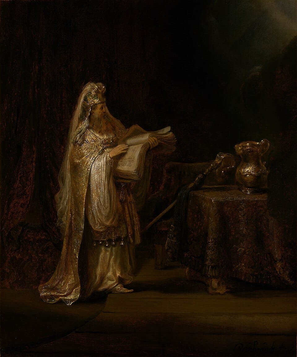 Dark chiaroscuro interior scene showing an elderly bearded man kneeling before an altar with a glowing angelic figure appearing above him in temple surroundings, oil on panel