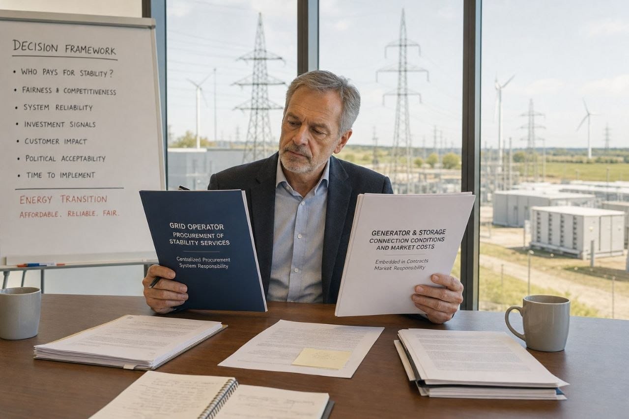 A policy analyst at a table compares two dossiers on stability-service procurement and connection-cost allocation, with power lines visible outside.