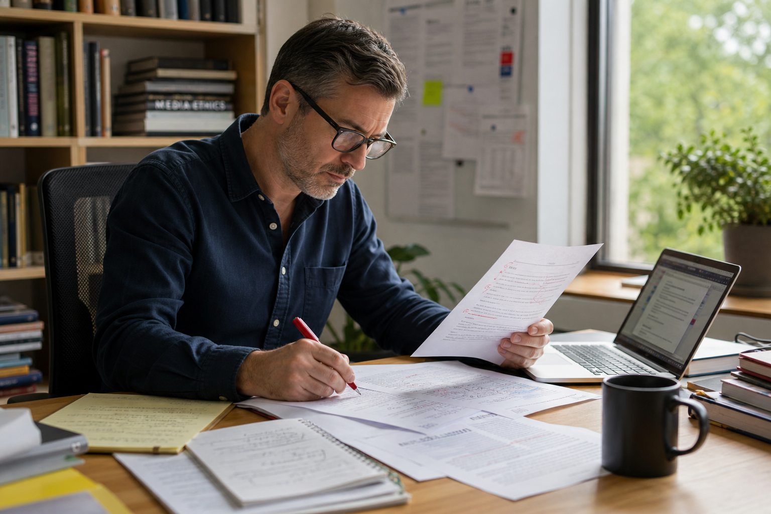 Reviewer marking a printed document with pen while checking notes and a nearby screen in a bright office