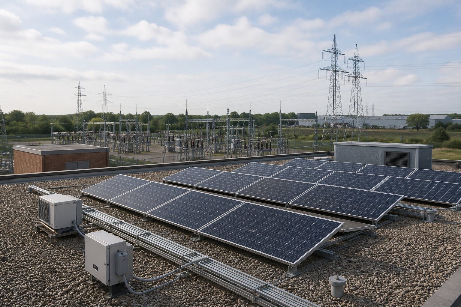 Zonnepanelen op een dak met transformatorstation en hoogspanningsinfrastructuur op de achtergrond