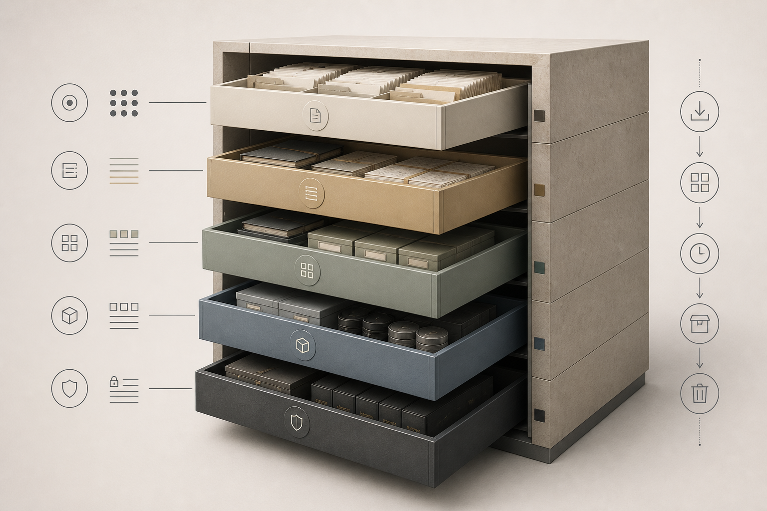 A five-drawer archive cabinet with each drawer representing a distinct memory layer: working, archival, scoped, typed and lifecycle-managed