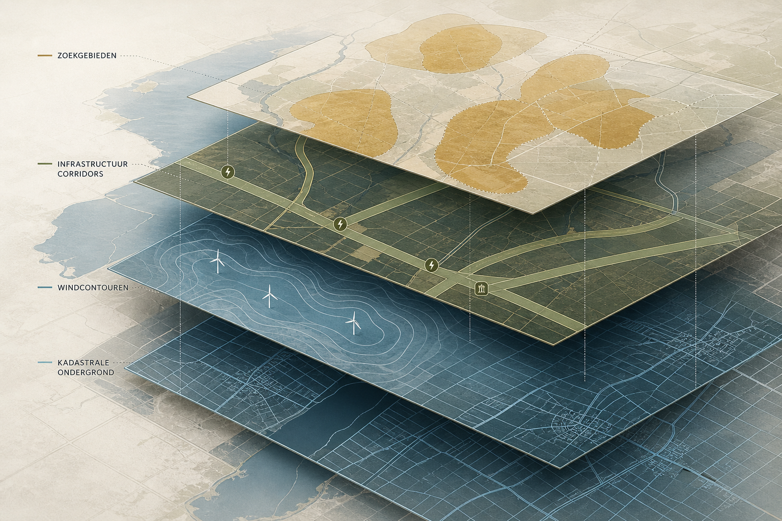 Isometrische illustratie van vier gestapelde GIS-kaartlagen: zoekgebieden, infrastructuurcorridors, windcontouren en kadastrale ondergrond.