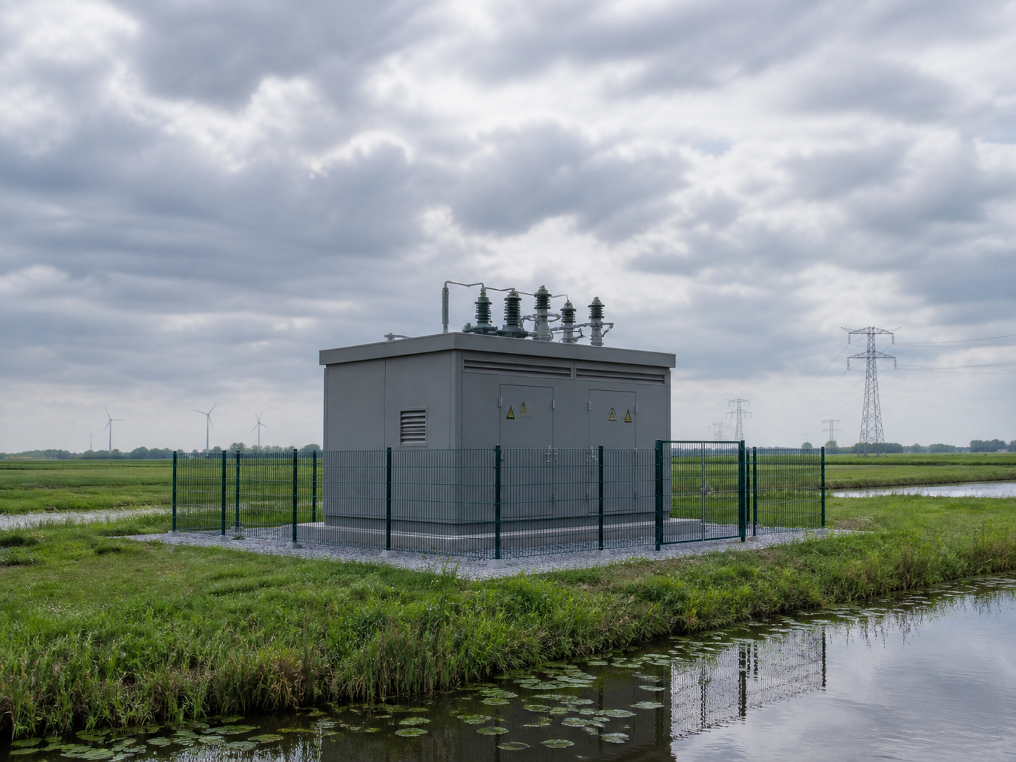 Middenspanningsstation in het polderlandschap, windmolens en hoogspanningsmast op achtergrond, bewolkte lucht