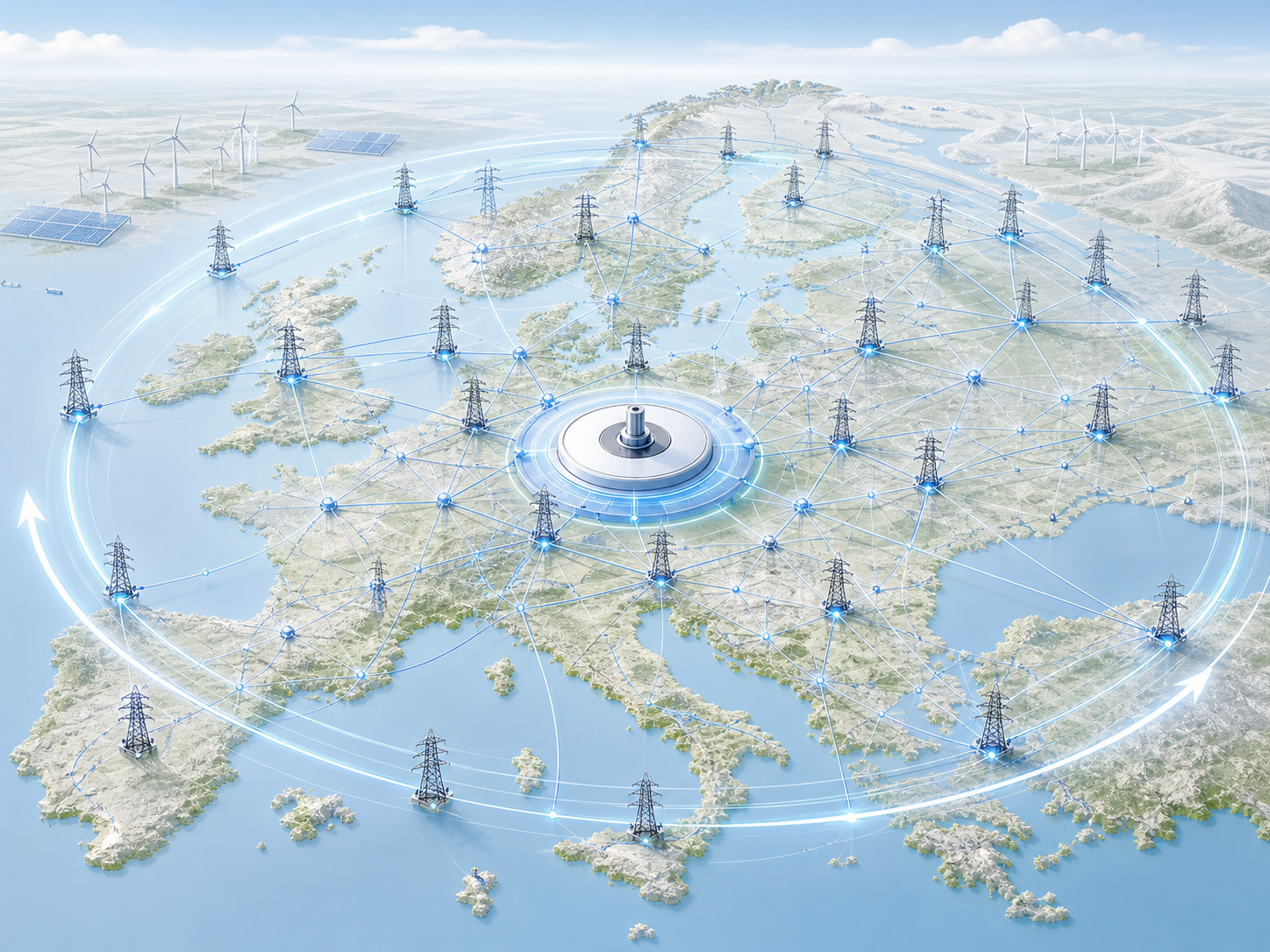 Luchtkaart van Europa met hoogspanningsmasten in meerdere landen, verbonden door blauwe lichtlijnen uitstralend vanuit een centraal vliegwiel