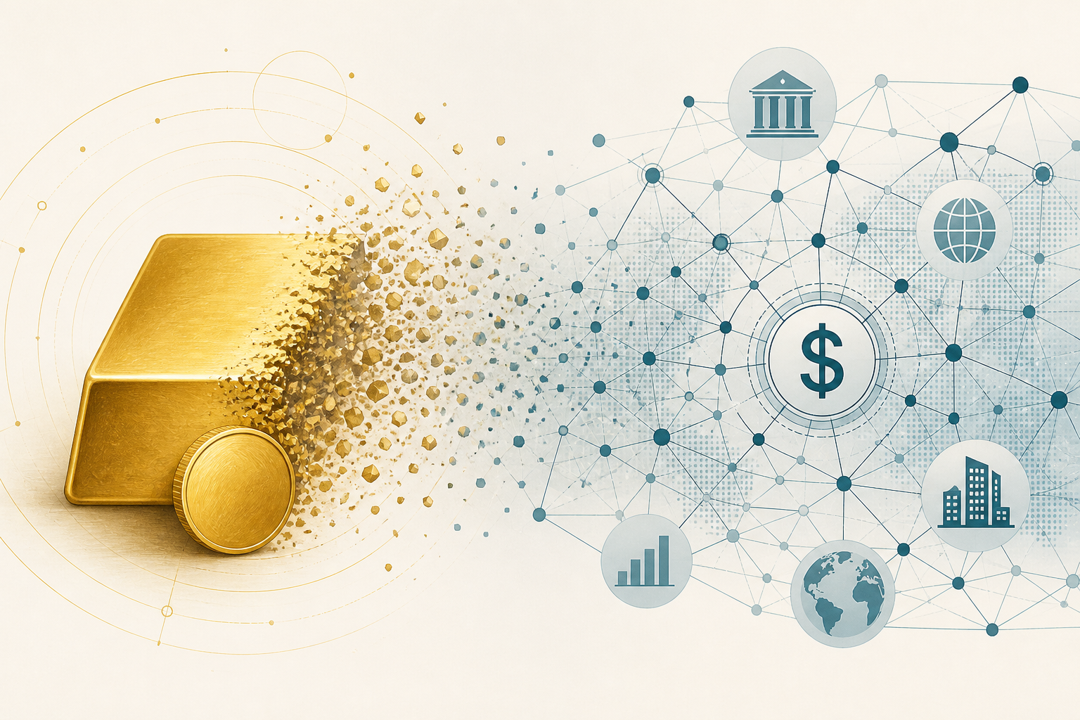 A gold bar and coin on the left dissolving into floating particles that flow rightward into a financial network diagram centred on a dollar symbol, with icons for banks, globe, and financial markets — representing the shift from gold-backed to network-based monetary power