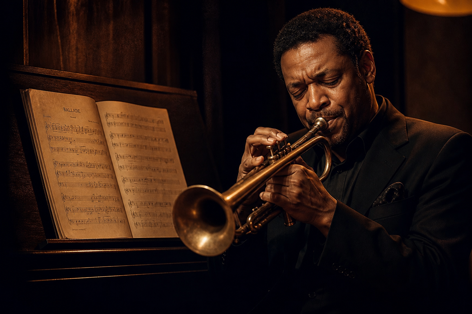 A jazz trumpeter performing freely in front of an open score on a music stand, representing the improviser guided by a written constitution