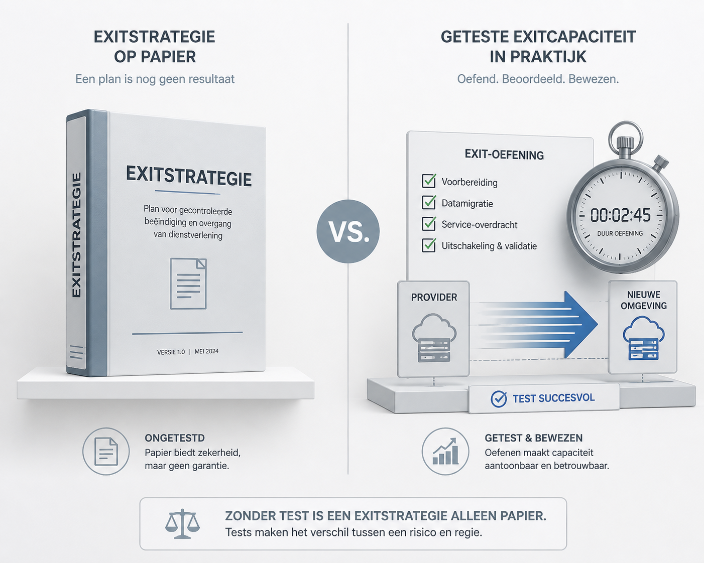 Infographic: links 'exitstrategie op papier' (ongetest document), rechts 'geteste exitcapaciteit in praktijk' met oefenstappen van provider naar nieuwe omgeving.