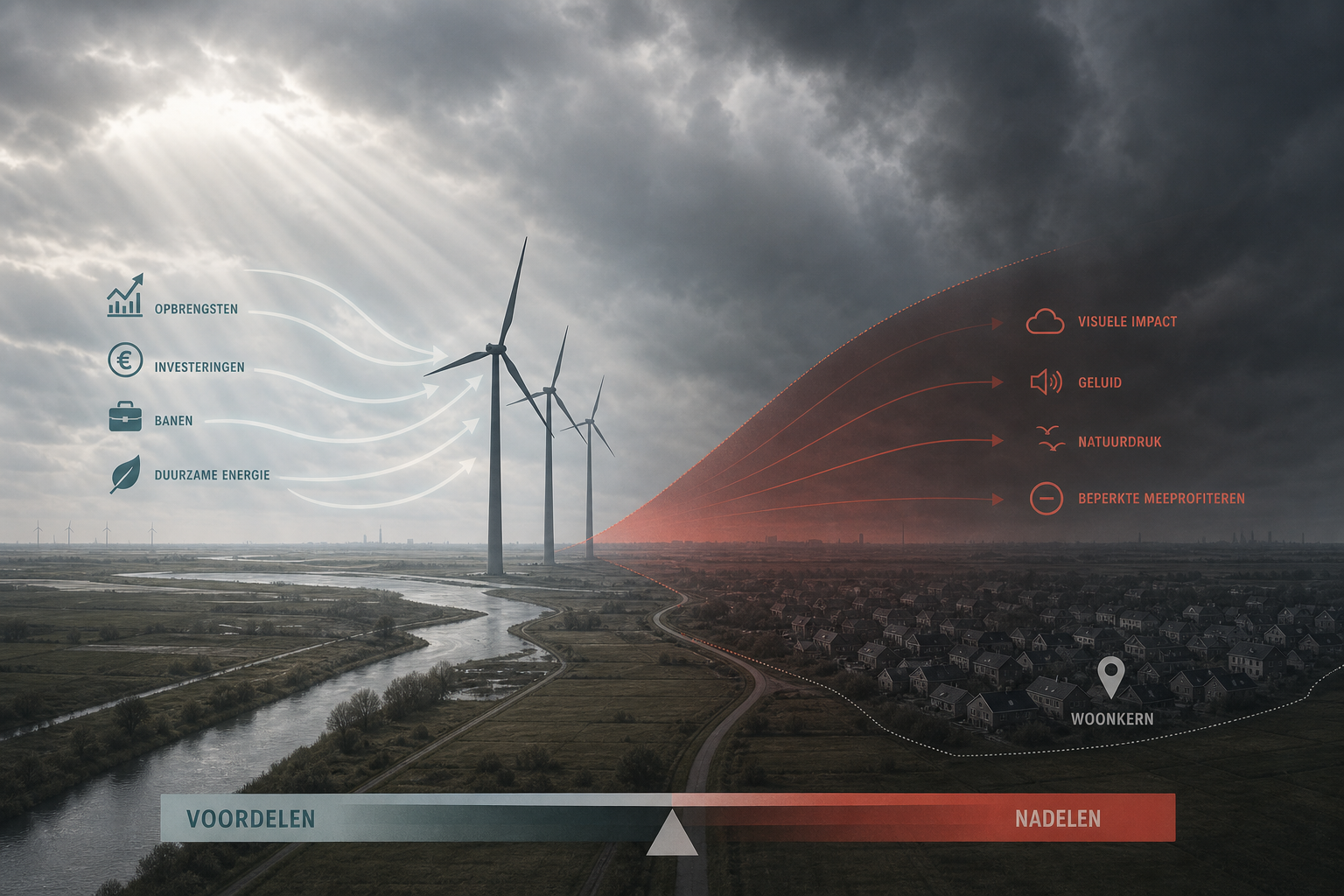 Drie windturbines in Nederlands polderlandschap met gesplitst beeld: blauwe balk 'Voordelen' links met opbrengsten, banen en goedkope energie, en rode halfronde sectie 'Nadelen' rechts met geluid, visuele impact en ecosysteemeffecten boven een woonwijk.