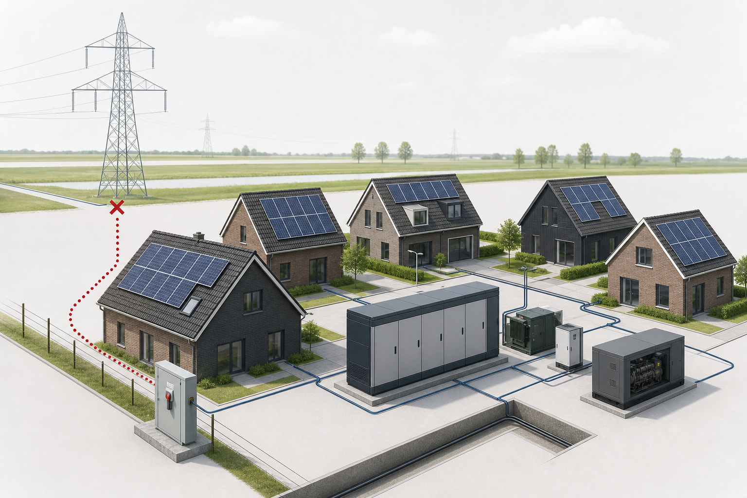 Vier huizen met zonnepanelen, batterijopslag en generator onderling verbonden; rode stippellijn naar de hoogspanningsmast is doorgeknipt