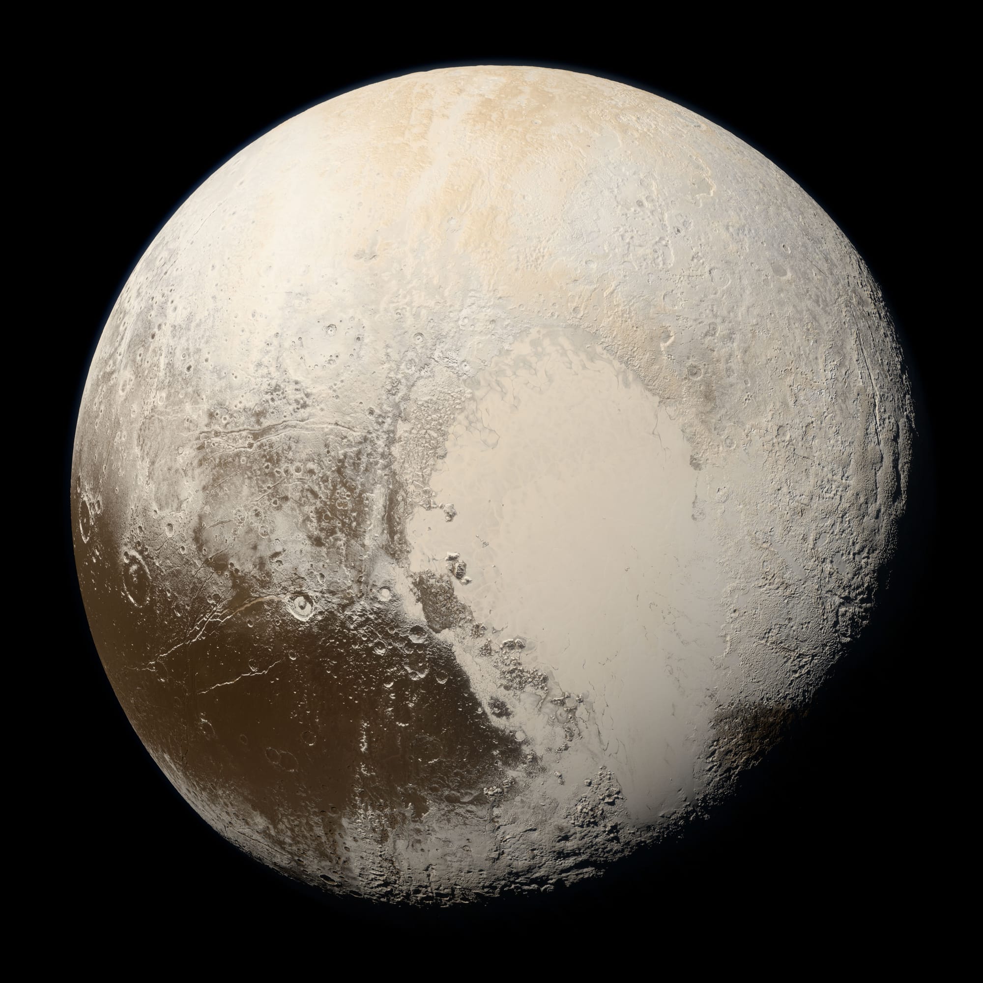 Colour image of Pluto showing a large heart-shaped bright region — Sputnik Planitia — against dark reddish terrain, photographed by New Horizons in July 2015.