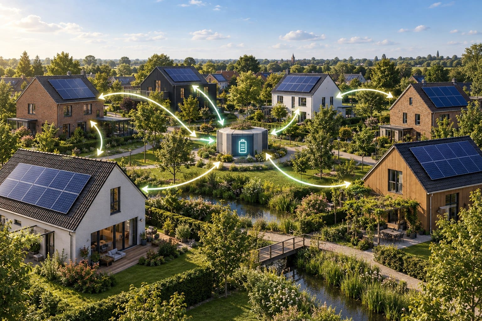 Luchtfoto van woonwijk met zonnepanelen, verbonden door digitale datastroomlijnen die energiedeling tussen buren visualiseren.