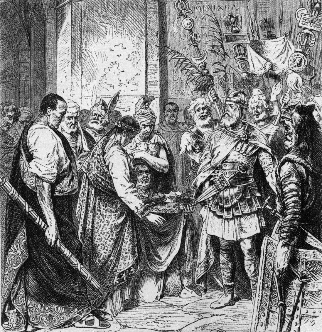 Nineteenth-century engraving of a young man in imperial robes handing emblems of office to an armoured warrior before a group of witnesses