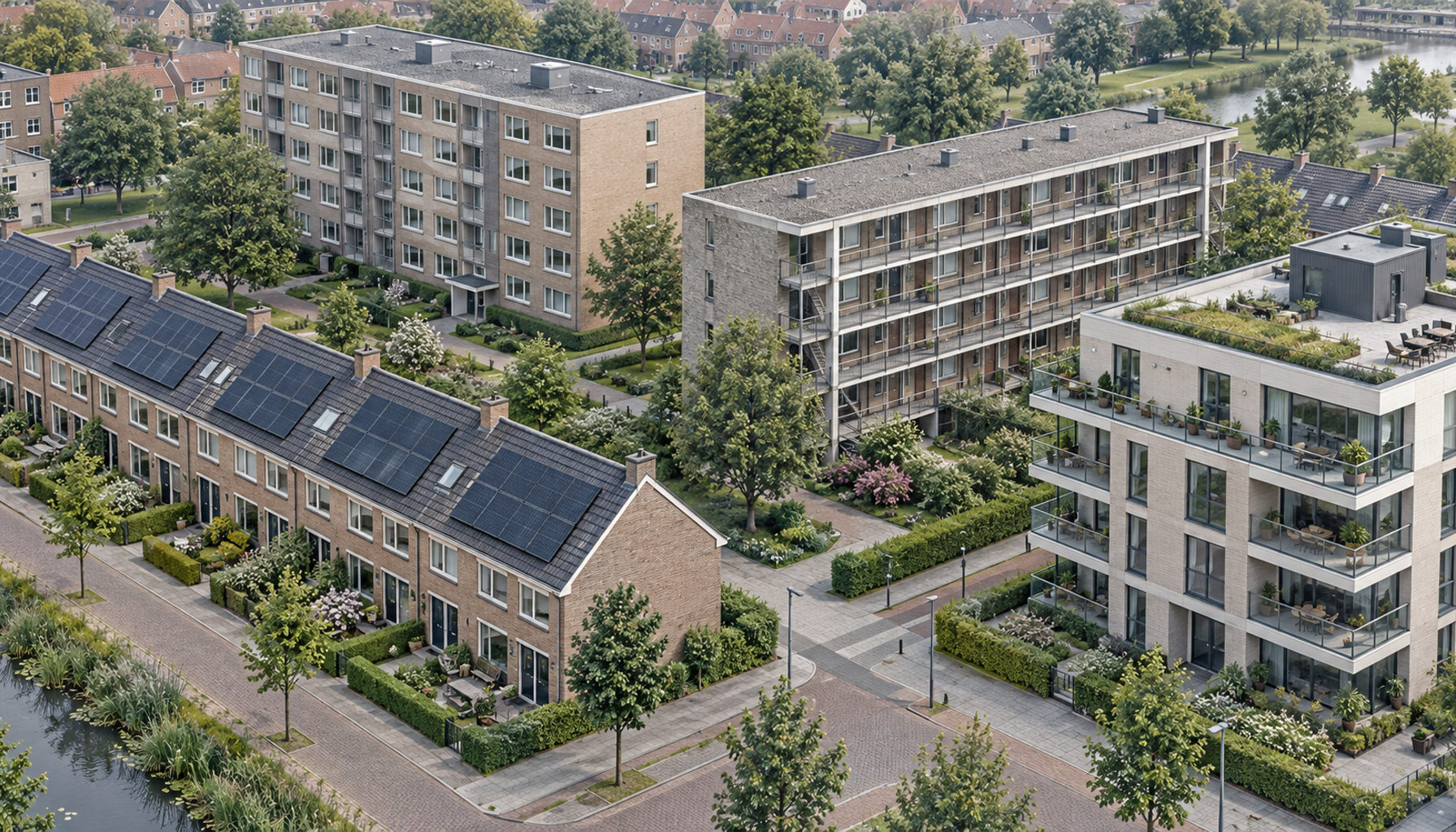 Vier woningtypen naast elkaar: rijtjeshuis met zonnepanelen, corporatieflat, portiekwoning en VvE-appartementencomplex in een Nederlandse woonwijk