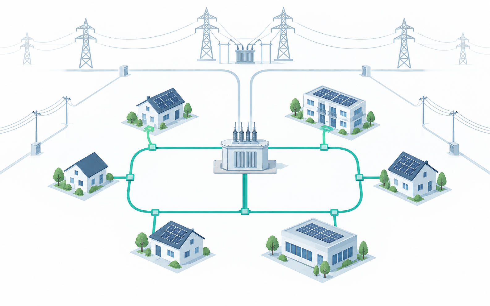 Schematisch netwerk van woningen aangesloten achter één transformatorstation, verbonden via een lokale energiegemeenschap met zonnepanelen en een batterij.