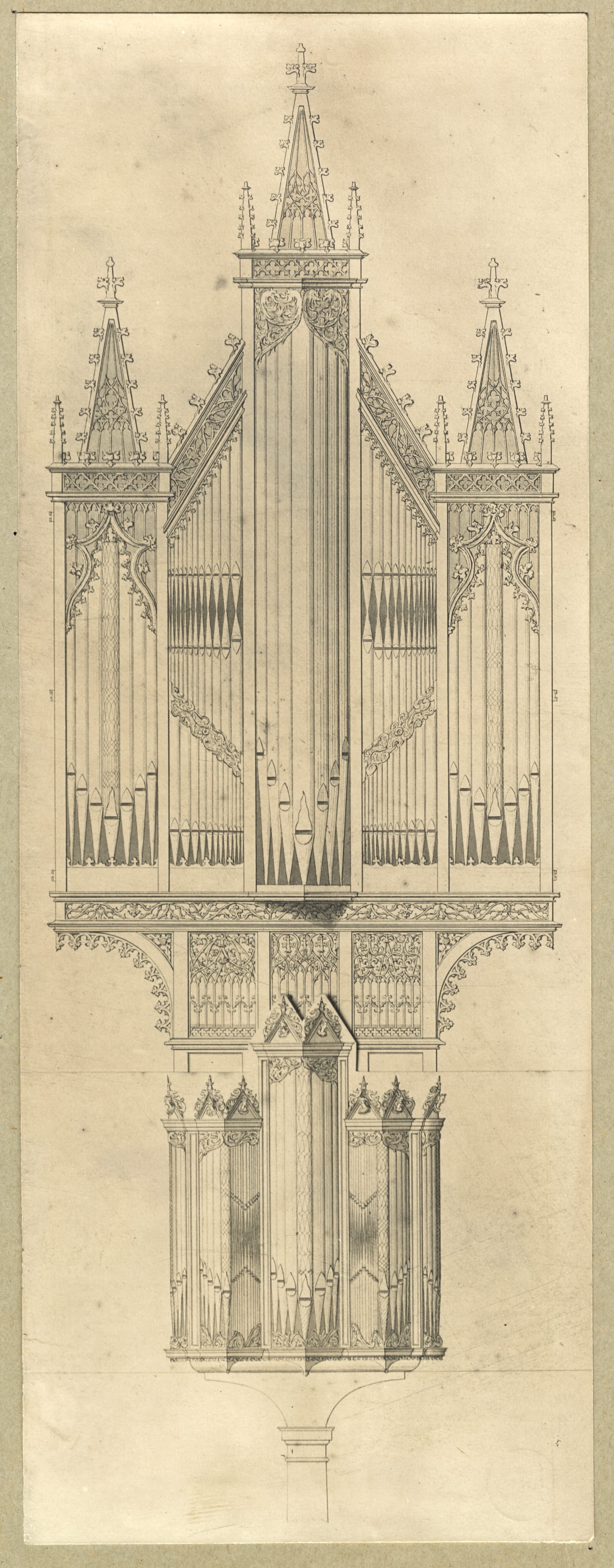 Technische opstandtekening van de orgelkas van het Gerritsz-orgel, schematisch in zwart-wit weergegeven, reproductie 1885