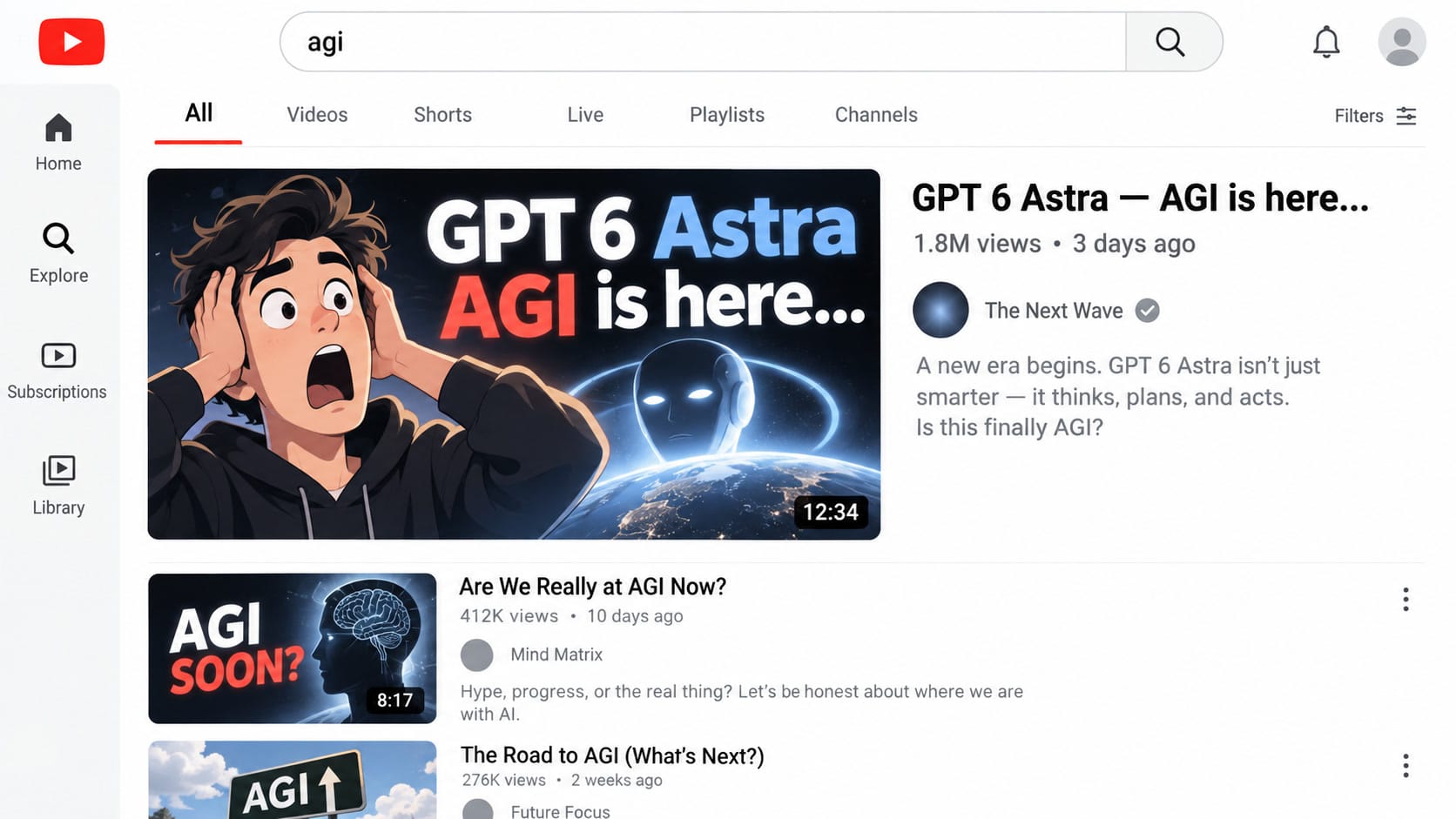 YouTube-style search results showing multiple video thumbnails with AGI is here text overlay, illustrating the recurring pattern of frontier model launch announcements