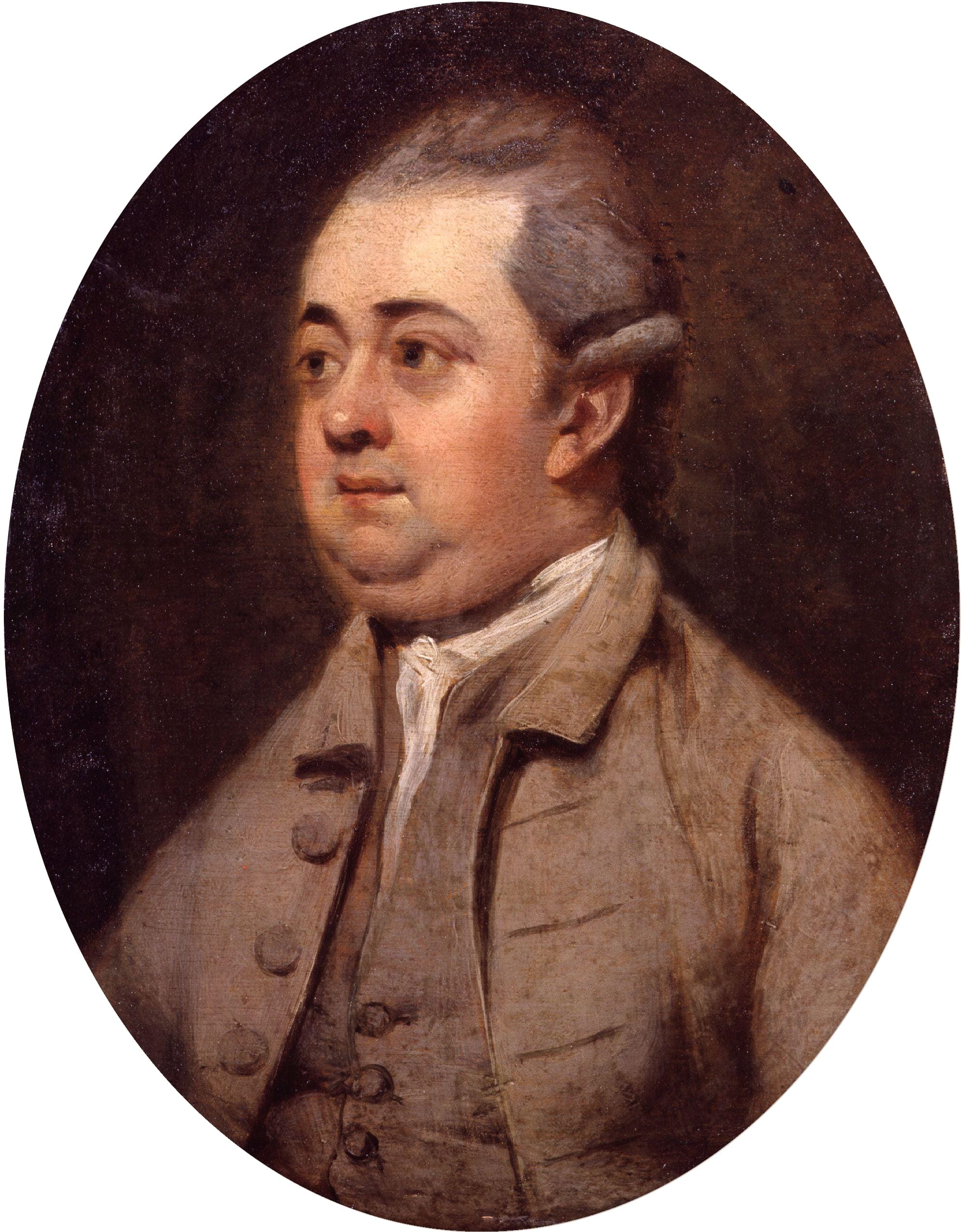 Oil painting portrait of Edward Gibbon in 18th-century formal dress, looking toward the viewer against a dark background