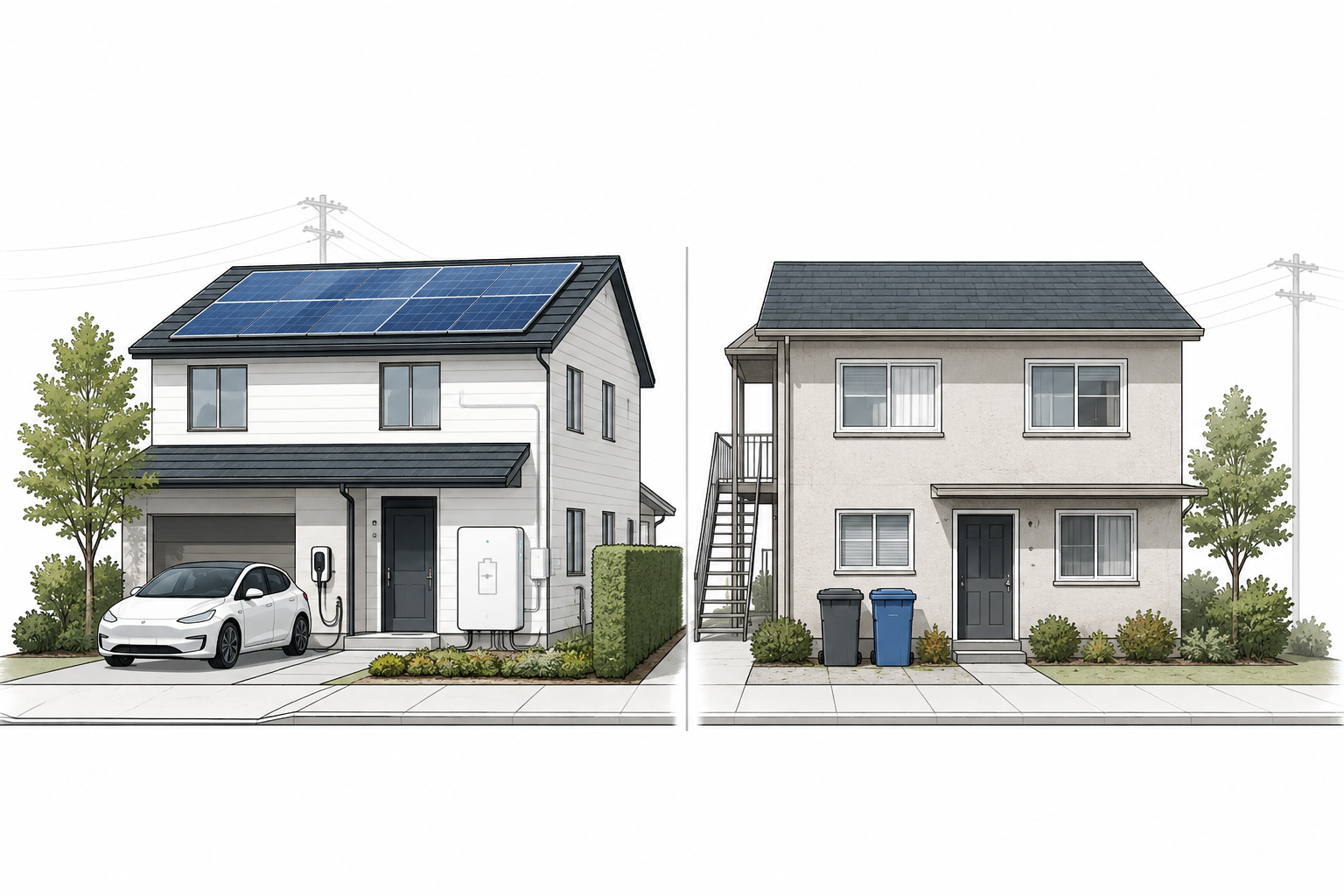 Energie-coöperatie met eigenaars van EV's en warmtepompen naast huurders zonder stuurbare apparaten, beiden verbonden aan dezelfde transformator.