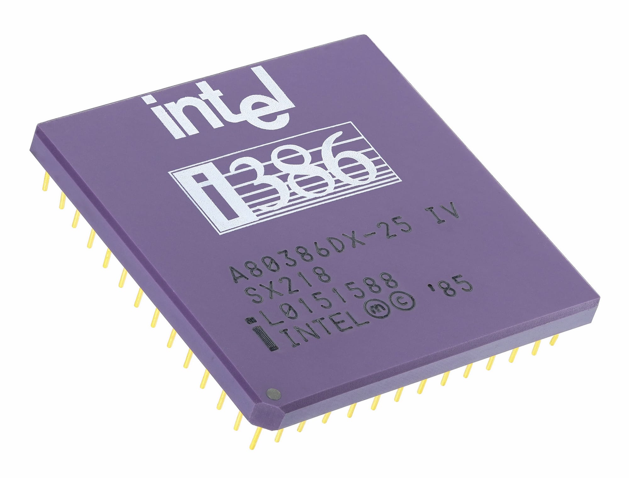 Intel A80386DX-25 processor chip, 25 MHz, in a 132-pin ceramic package, photographed against a white background