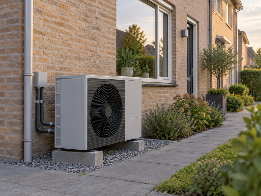 Warmtepomp-buitenunit naast een Nederlandse rijtjeswoning, als illustratie van de investering die nodig is voor het nieuwe energiesysteem
