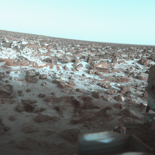 White water ice frost coating reddish rocks and soil on the Martian surface at Utopia Planitia, photographed by Viking Lander 2 in 1979