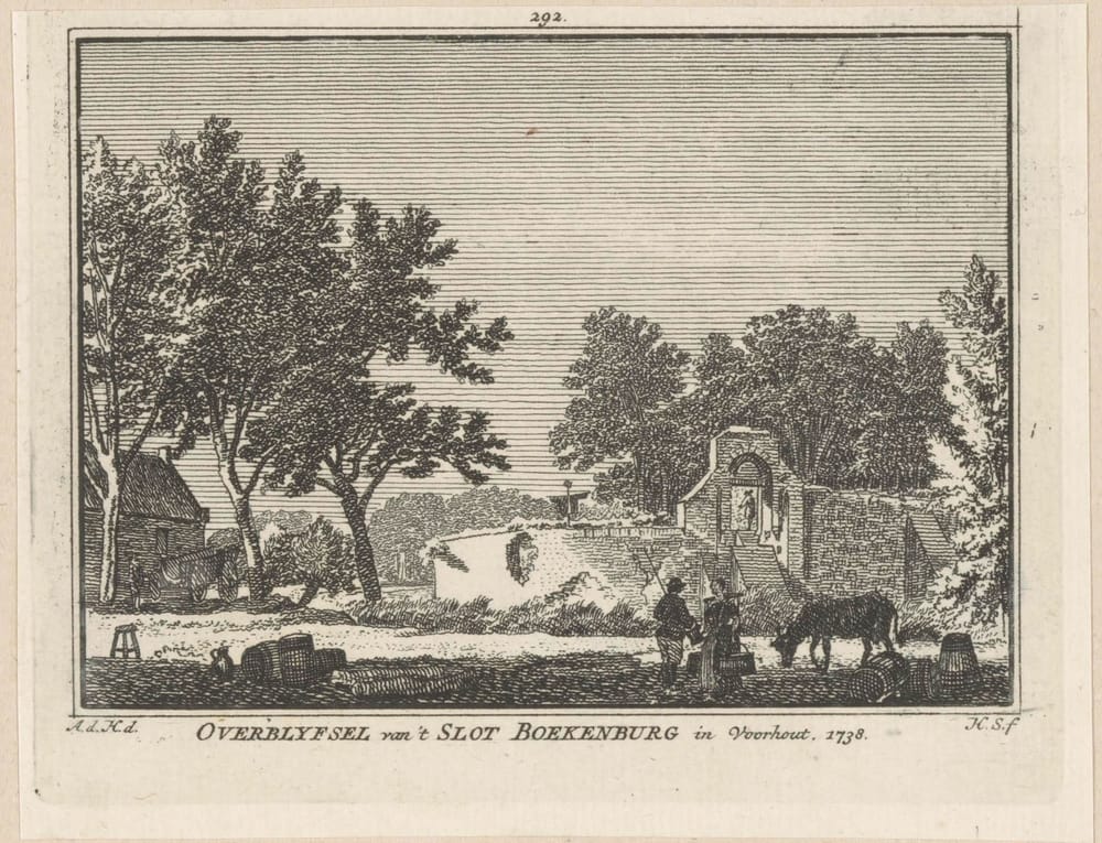 Historische gravure 'Overblyfsel van 't Slot Boekenburg in Voorhout 1738' met de kasteelruïne, koeien en figuren in het landschap.