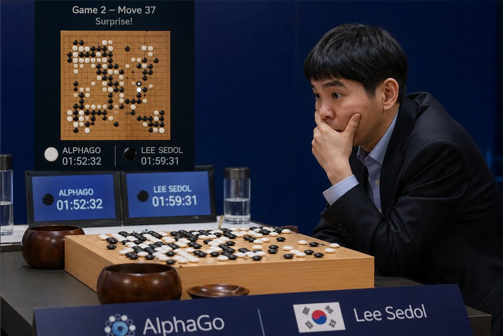 Lee Sedol contemplating the Go board during the AlphaGo match, Game 2 Move 37 on the overhead display.