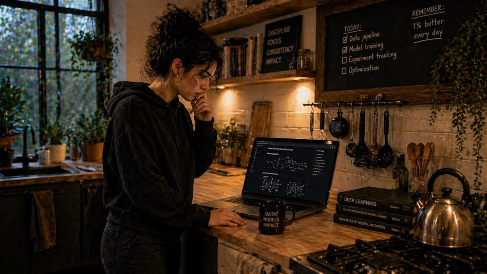 Person at a laptop in a cozy kitchen workspace with chalkboards listing 'discipline focus consistency impact' and today's ML tasks.