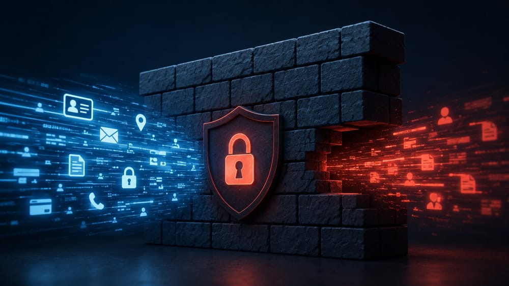 A brick firewall with a glowing shield and padlock in the center, PII data icons (person, email, phone) entering from the left.