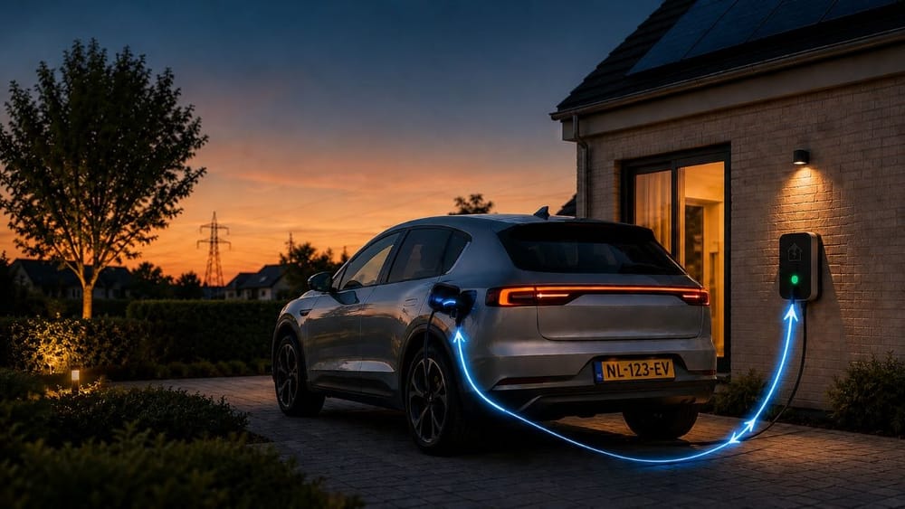 Elektrische auto met Nederlands kenteken bij een woning, met blauwe energiestroom van auto naar wallbox bij zonsondergang.