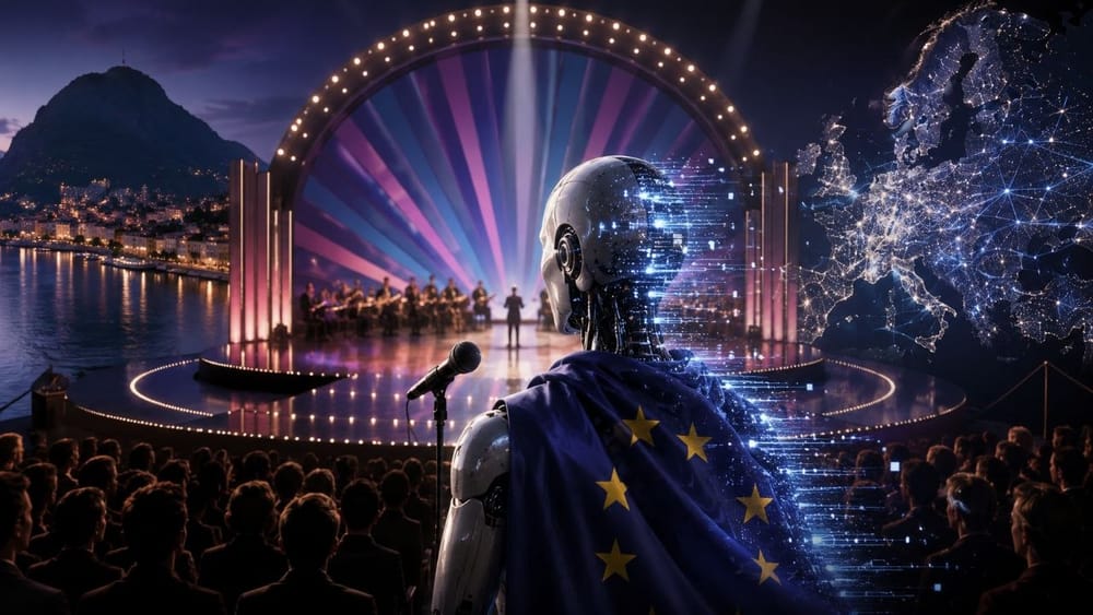 Humanoid AI robot wearing an EU flag cape facing a Eurovision stage with an orchestra, beside a glowing network map of Europe.