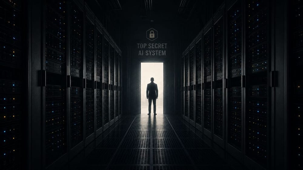Silhouette of a person in a dim server-room corridor, with 'TOP SECRET AI SYSTEM' and a padlock icon above the doorway.