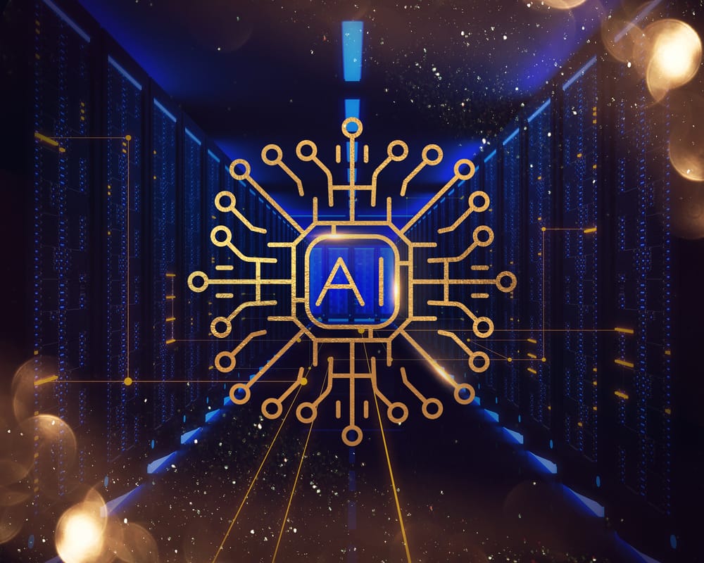 Stylized illustration of an AI chip with golden circuit lines on a dark blue server-room background.